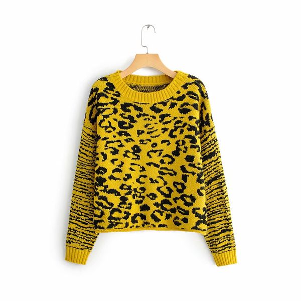 

autumn fashion female o-neck pullovers casual knitwear vintage chic women yellow leopard print oversize sweater, White;black