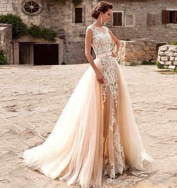 

champagne over skirts tulle wedding dresses mermaid see through vintage lace appliqued sash detachable train boho bridal wedding gowns, White