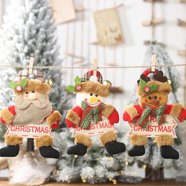 

3pcs/lot new merry christmas plaid letter tree pendant santa deer snowman pattern drop ornaments home table decoration crafts