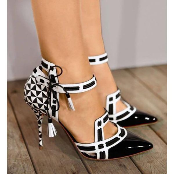 

women pumps high heels stiletto party shoes ladies fashion pointed toe mix color ankle strap sandals, Black