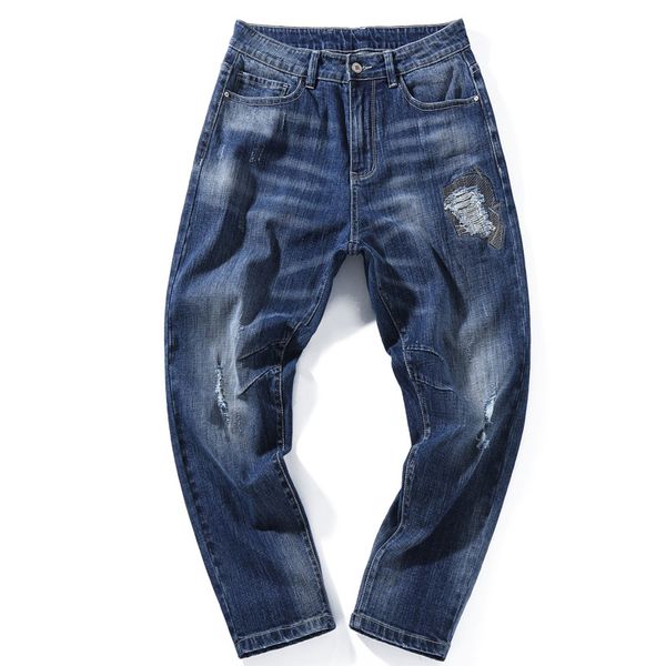

2019 stretch fashion hip hop slim deep blue jeans men summer hole brand fashion leisure quality waist jeans washing men