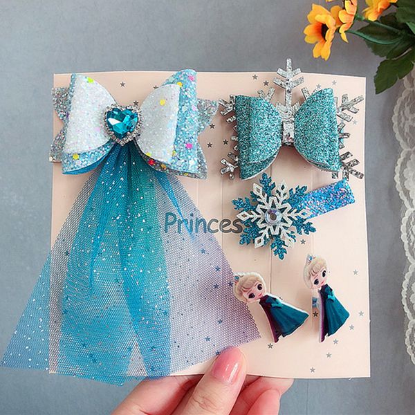

5pcs/set snowflakes princess hair clips set streamer hair bows pink blue girls hairpin kids hairgrips barrettes accessories, Slivery;white