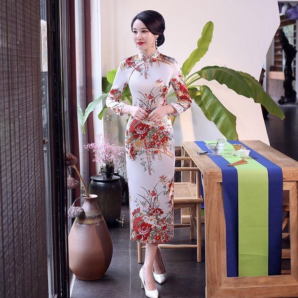 

women's chinese traditional dress cheongsam slim long sleeve printed retro split tight bodycon pencil dresses, Black;gray