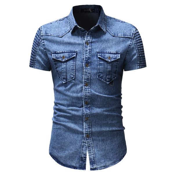 

2018 new arrival man's short sleeve slim fit male denim shirts men denim shirts pocket and botton printcolor brand clothing, White;black