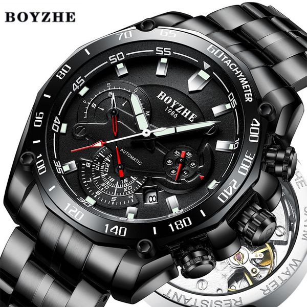 

boyzhe 2019 men automatic mechanical watch luminous luxury brand black military sport stainless steel watches relogio masculino ly191213, Slivery;brown