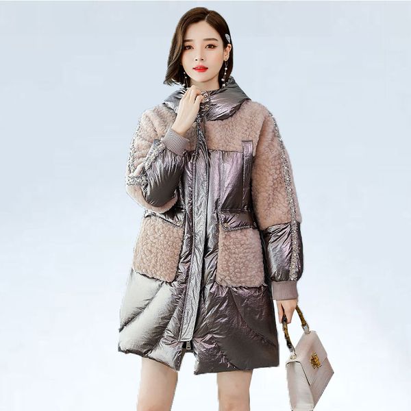 

2019 women's down jacket coat winter long fur coat hooded parka fashion luxury lambwool patchwork glossy winter jacket feather, Black