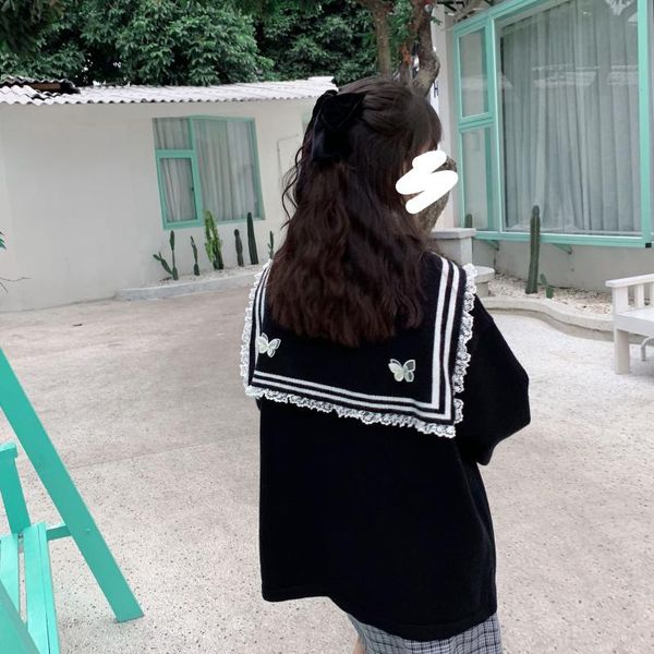 

japanese girl silver butterfly magic castle black butterfly collar bow sweater dark girl style student sweater women, White