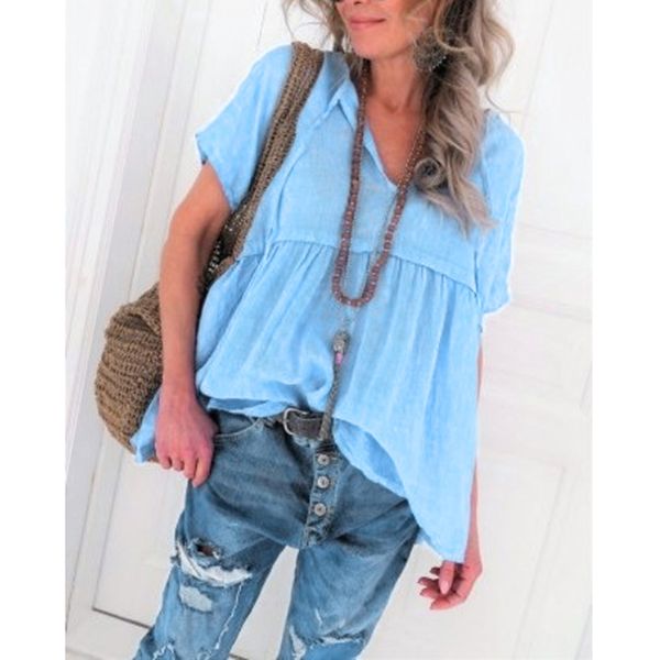 

2020 short sleeve basic t-shirt women casual v-neck ruffles tees shirt femme t shirts lady pure color camisetas mujer, White