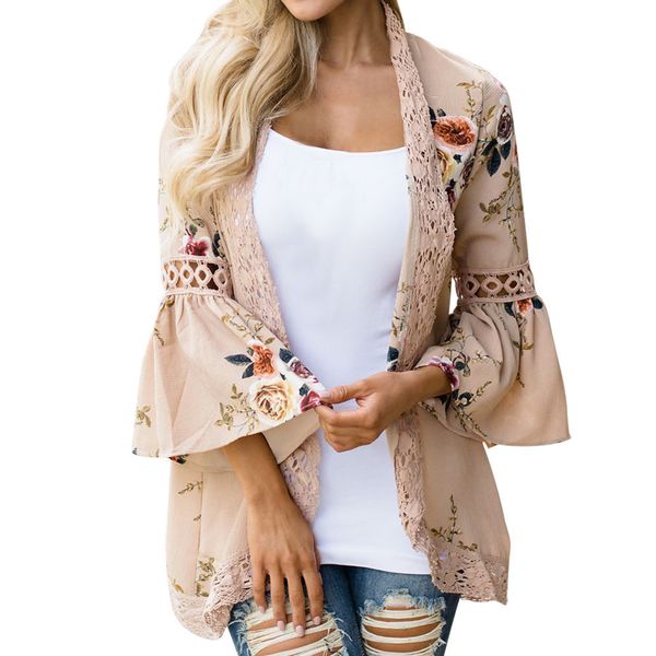 

womens blouses for women summer ladies lace kimono women floral printed shirt womens 3 4 casual loose chiffon cardigan yl, White