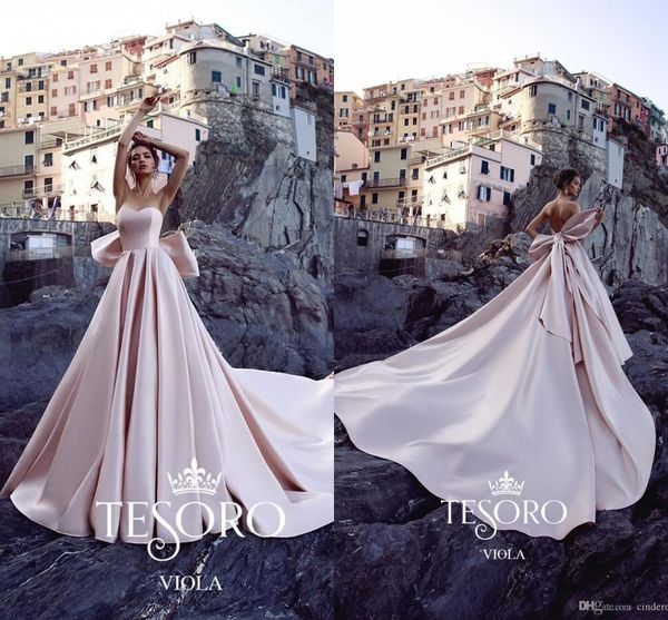 

tesoro blush pink 2019 vintage wedding dresses a line sweetheart bow satin sweep train plus size bridal gowns beach robe de mariÃ©e, White