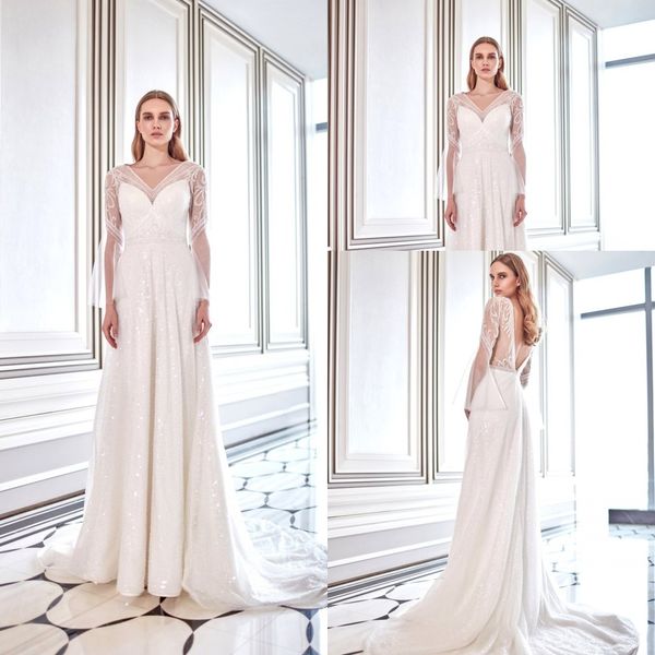 Modern A Line Dany Tabet Abiti da sposa Scollo a V Manica lunga Applique Paillettes Perline Tulle Abito da sposa in pizzo Sweep Train robe de mari￩e