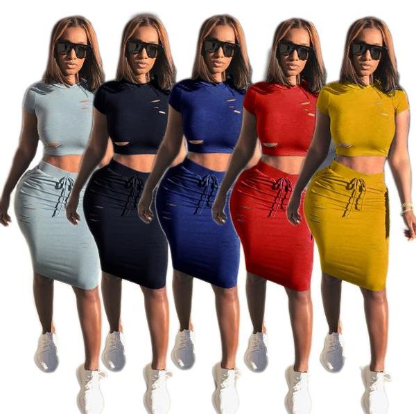 

candy color two piece dress fashion women short sleeve trendy 2pcs sets women tees skirts with hole, White