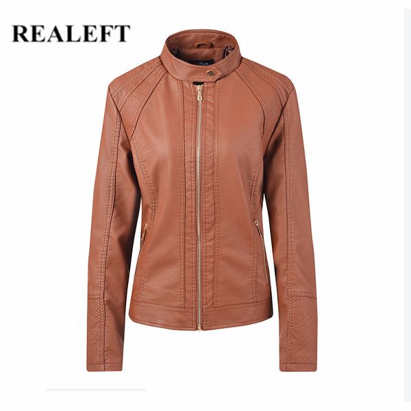 

realeft new arrival autumn fashionable bright color pu leather jacket coat ladies women pu leather jacket mujer coats women 2019, Black;brown