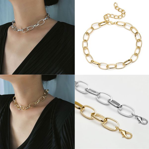 

1pcs women choker necklace with tail 3.9inch chain cuban link wide punk pendant gift, Golden;silver