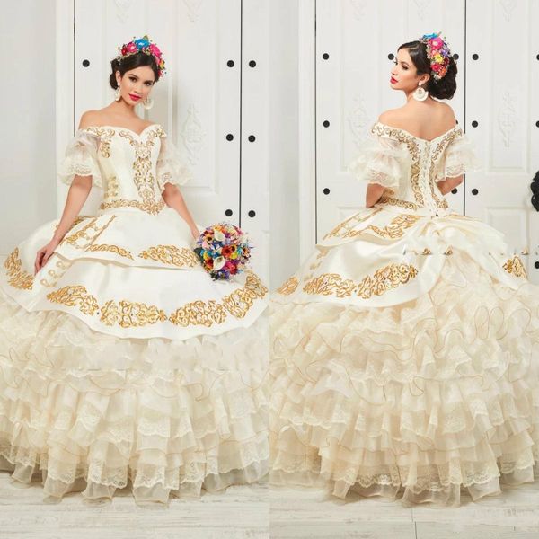 

ruffled floral charro quinceanera dresses 2020 off shoulder puffy skirt gold embroidery beads princess sweety 16 girls masquerade prom dress, Blue;red