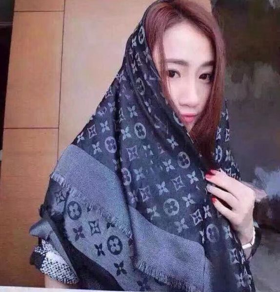 

scarf for women 2019 letter pattern wool silk with silver thread design scarves long woman scarves size 140x140cm good qualtiy, Blue;gray