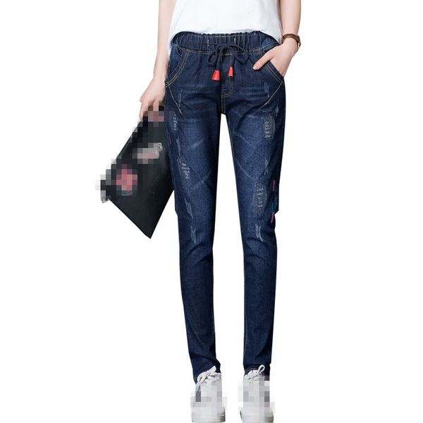 

b2054 2019 spring autumn new women big size high-waisted korean version students baggy elastic-waist jeans wholesale, Blue