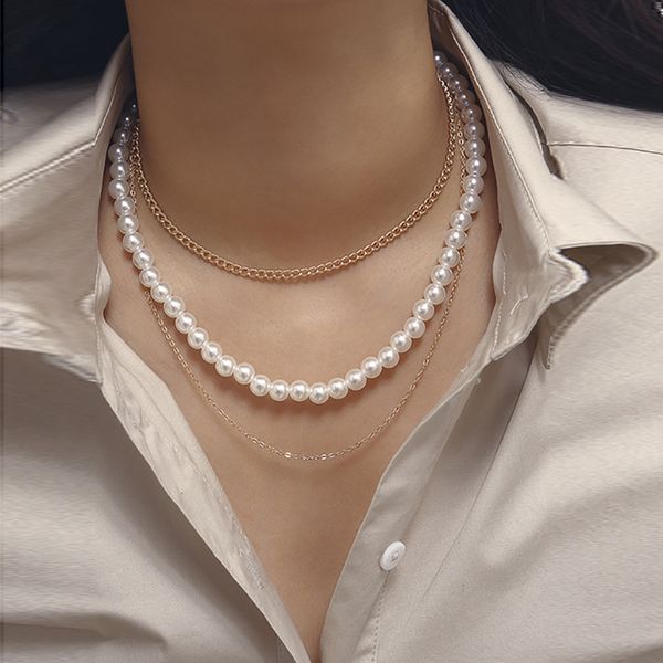 

zhini vintage imitation pearls choker necklace for women 2019 new gold multi-layer chain statement necklace for girls jewelry, Silver