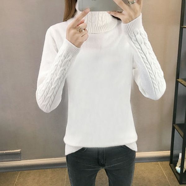 

women winter sweater new sleeve elastic knit large size pullover sweater female turtleneck solid color long sleeve casual sweate, White;black