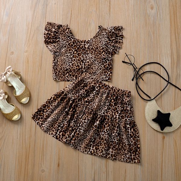 

summer girls clothes fashion leopard print short sleeve t shirts tees skirt two piece set outfits ins girls dress kids clothing cz403, White