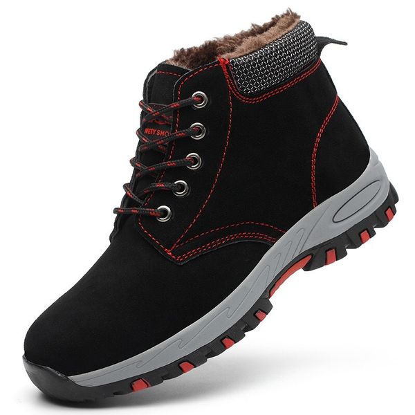 

large size mens casual warm plush steel toe cap work safety shoes winter snow ankle security boots cow suede leather cotton bota, Black