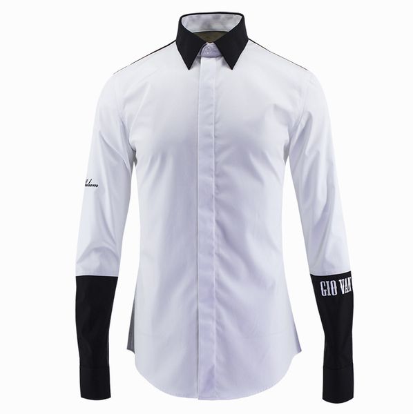 

summer black and white splicing embroidery letter cloth men's wear long sleeve shirt brand shirt male, White;black