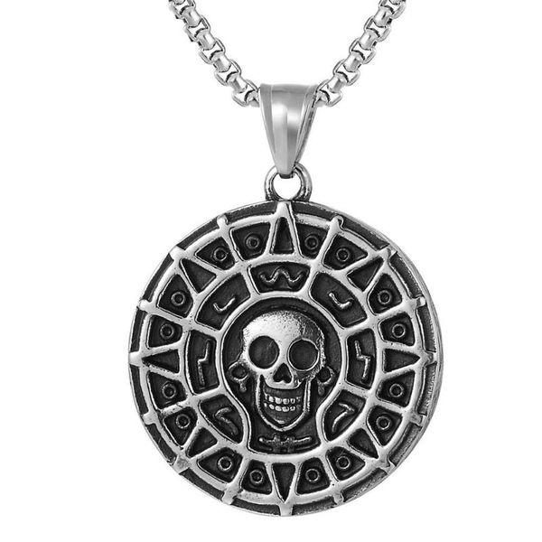 

retro skull men's necklace round pendant stainless steel vintage skeleton necklaces punk cool male jewelry, Silver