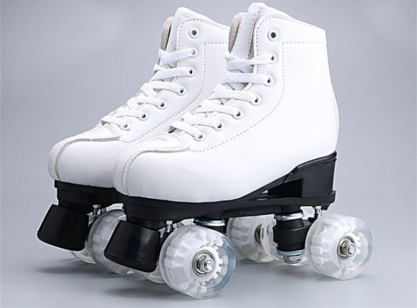 

new 2019 women female double line quad parallel figure skates shoes boots pu 4 wheels shockproof breathable white