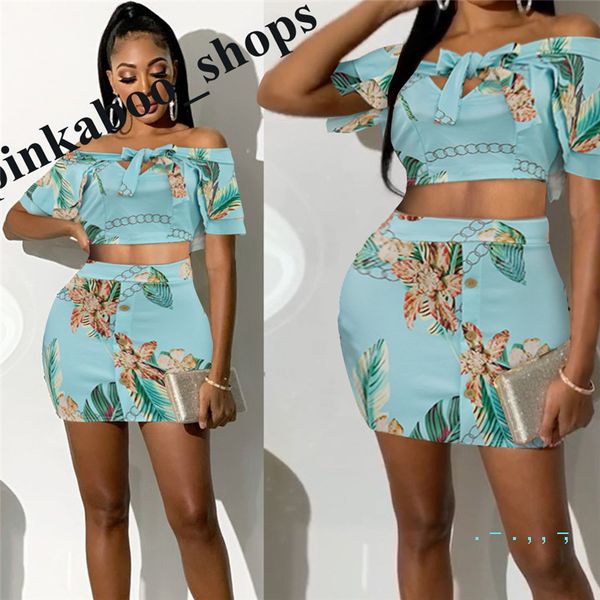

summer women floral printed tracksuit short sleeve off-shoulder bowknot tee+skirts 2 piece sets suit female semi-tight skirt ly401, White