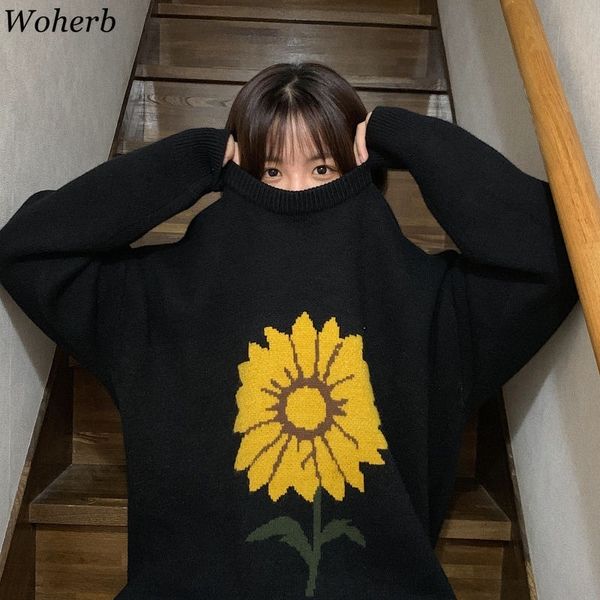 

woherb pull femme flower pattern o neck long sleeve pullovers jumpers casual loose vintage sweater women korean fashion 91435, White;black