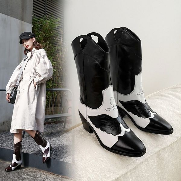 

женская натуральная кожа середина теленок сапоги крыла декор совпадение цвета коренастый блок высокий каблук натянуть на обувь western 2colo, Black