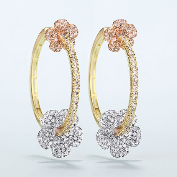 

very girl luxury 3 tone flower micro pave zircon big hoop earrings for dubai bridal women wedding earrings, Golden;silver