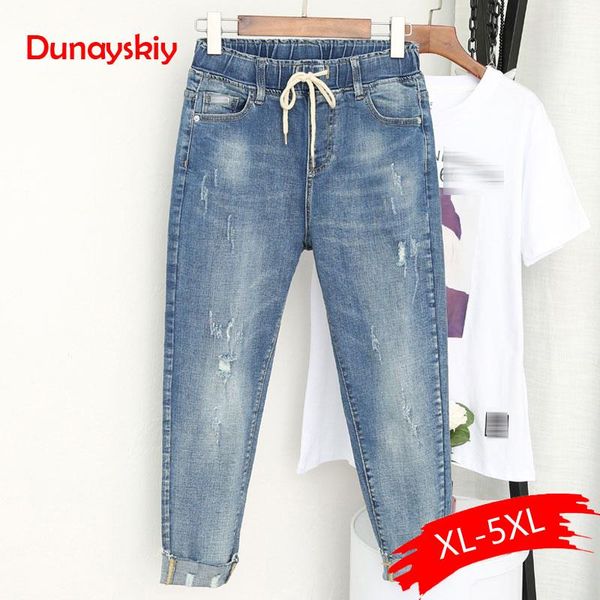 

5xl plus size boyfriend jeans for women casual vintage high waist jeans denim harem pants elastic waist denim femme, Blue