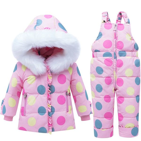 

2019 winter baby ski suit coat + jumpsuit set infant white duck down jacket children girls warm fur hooded snowsuit costume w227
