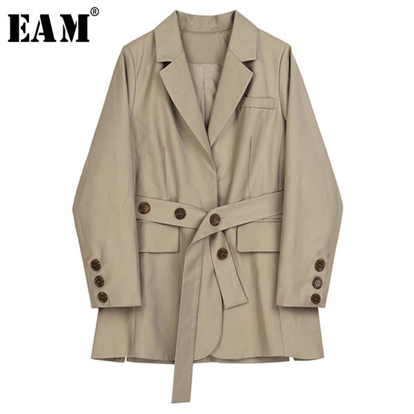 

eam] women khaki waist bandage temperament blazer new lapel long sleeve loose fit jacket fashion spring autumn 2020 1b484, White;black