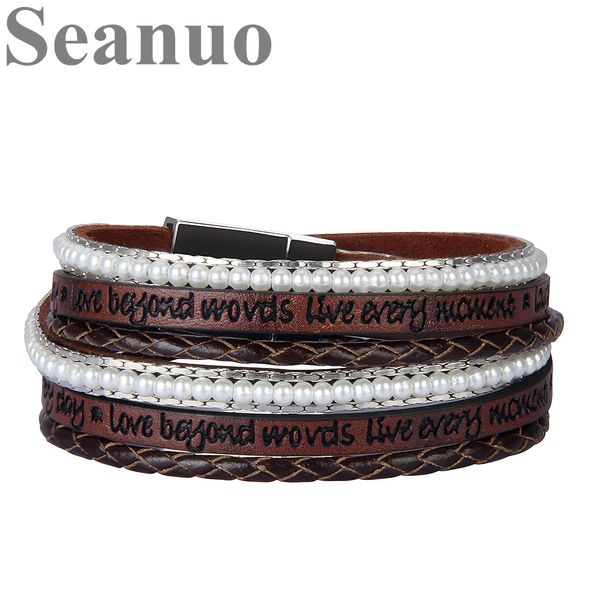 

seanuo 7 colors diy letters with pearls linked genuine leather charm bracelet for men women fashion rope weave 3 layers bangles, Golden;silver