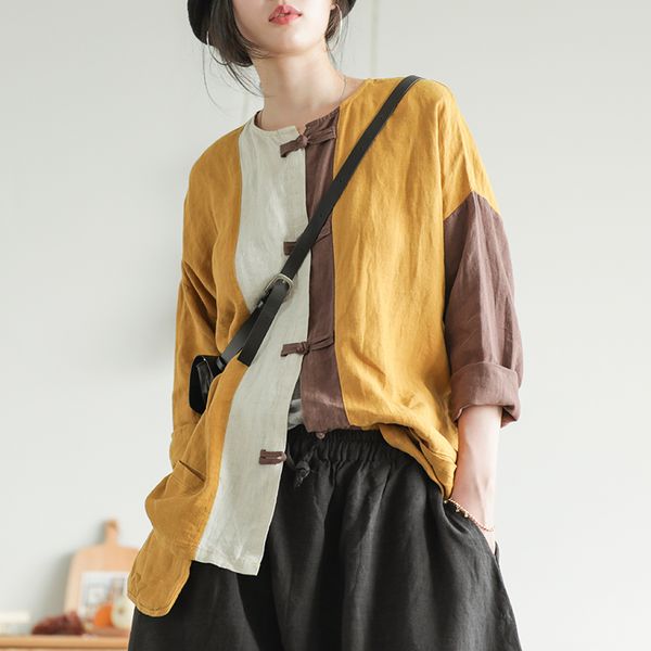 

vintage women blouses 2020 new spring autumn full sleeve button patchwork color loose open stitch cardigan womens shirts, White