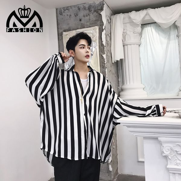 

new men's fashion personality black and white striped loose bat shirt stage catwalk show nightclub men's long-sleeves shirts, White;black