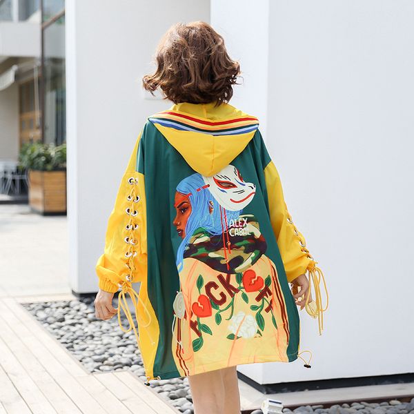 

women's autumn cartoon letter print stitching loose large size hooded jacket with bow lace up rainbow striped long coat cardigan, Black;brown
