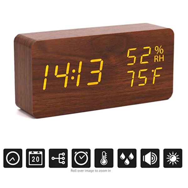 

digital alarm clock wood led adjustable brightness voice control desk wooden alarm clock with day/date/temperature humidity usb