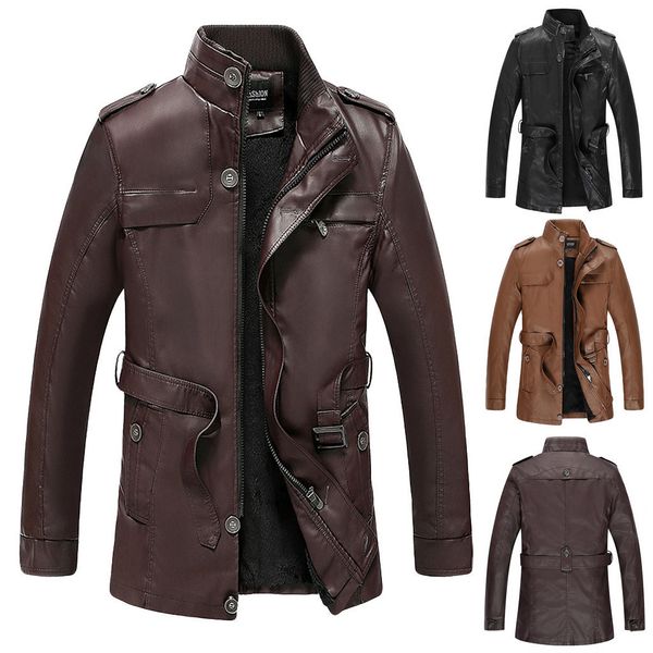

2019 new fashion autumn male leather jacket men's autumn winter fashion velveted zipper pure color imitation leather coat l-3xl, Black