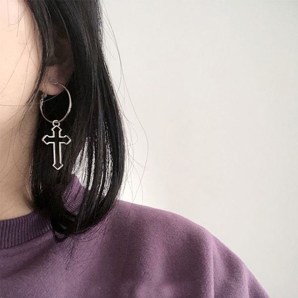 

european and american punk rock girlsl hollow cross dangle earrings harajuku vintage metal geometric drop earring ear jewelry, Silver