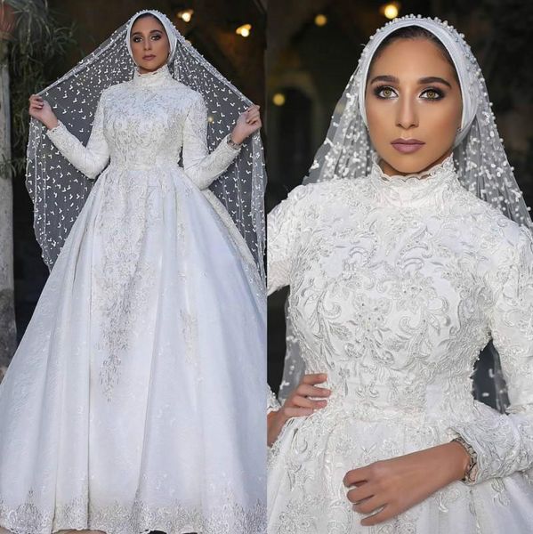 

classy overskirt lace muslim wedding dresses bead pearls high neck appliqued long sleeves bridal gowns a line sweep train vestido de novia, White