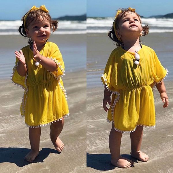 

toddler kids baby girls bikini tankini beachwear swimsuit cover up clothes smock middle sleeve knee length yellow lace dress, Red;yellow