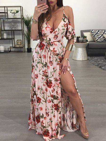 

Women Dresses Floral Print Boho Dress Prom Gown Party Long Maxi Dress Summer Sundress holiday dress Short Sleeves