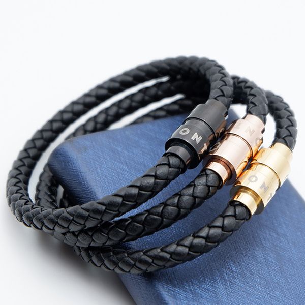 

brand bracelet mont woven leather leather rope bracelet inner diameter 6mm stainless steel magnet buckle leather rope bracelet, Golden;silver