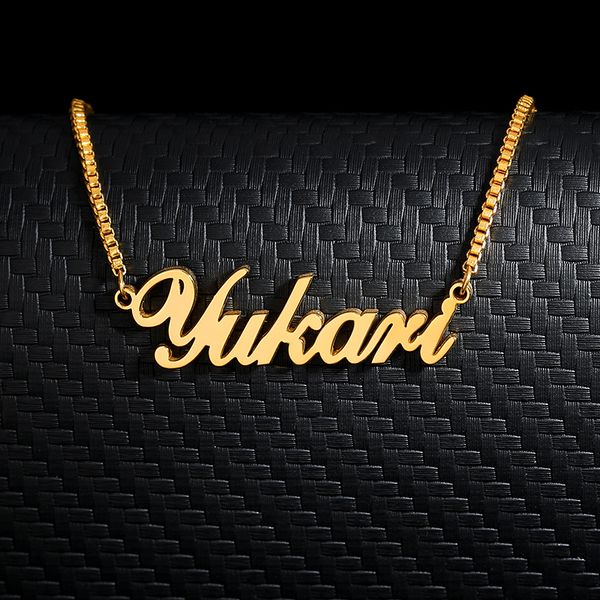 

custom name necklace women gold box chain nameplate choker personalized stainless steel pendant necklace customized jewelry gift, Silver