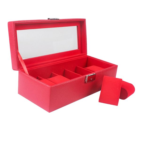

5 slots pu leather watch display box case clear glass locking watch storage organizer for men's watches, Slivery;brown