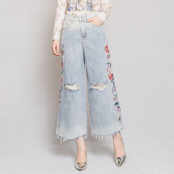 

2020 spring casual womens wide leg high waist embroidery tassel denim trousers , loose ripped hole jeans pants for women, Blue