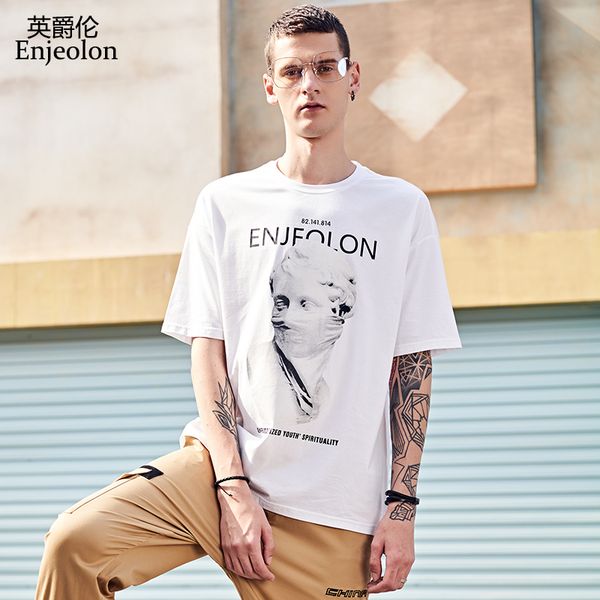 

enjeolon 2019 summer t shirt short sleeved o-neck print 100% cotton streetwear hip male tee shirt t7344, White;black